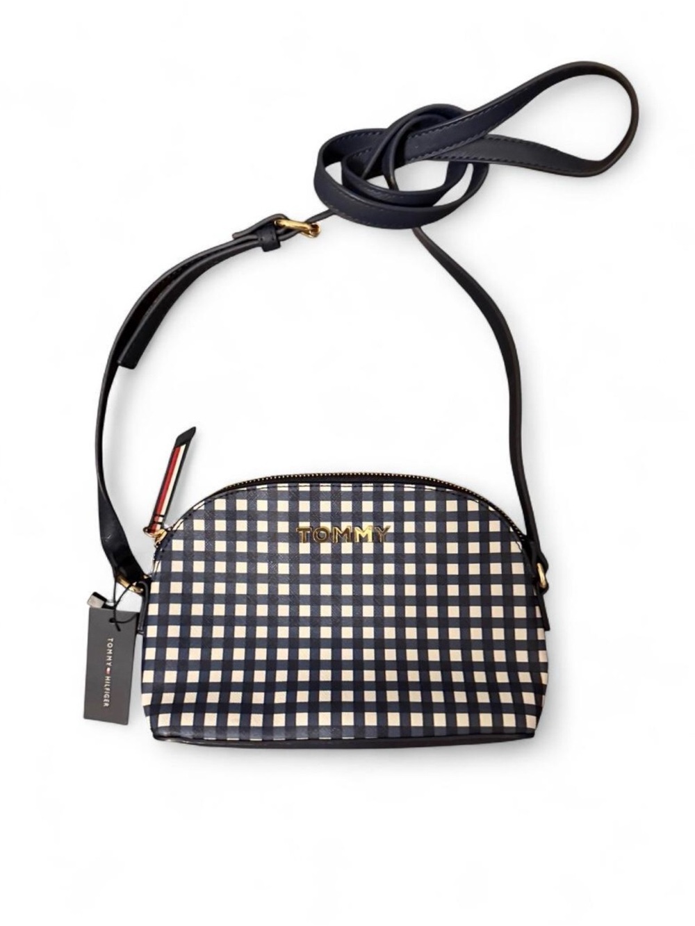 TOMMY HILFIGER NWT navy and white gingham crossbody bag.